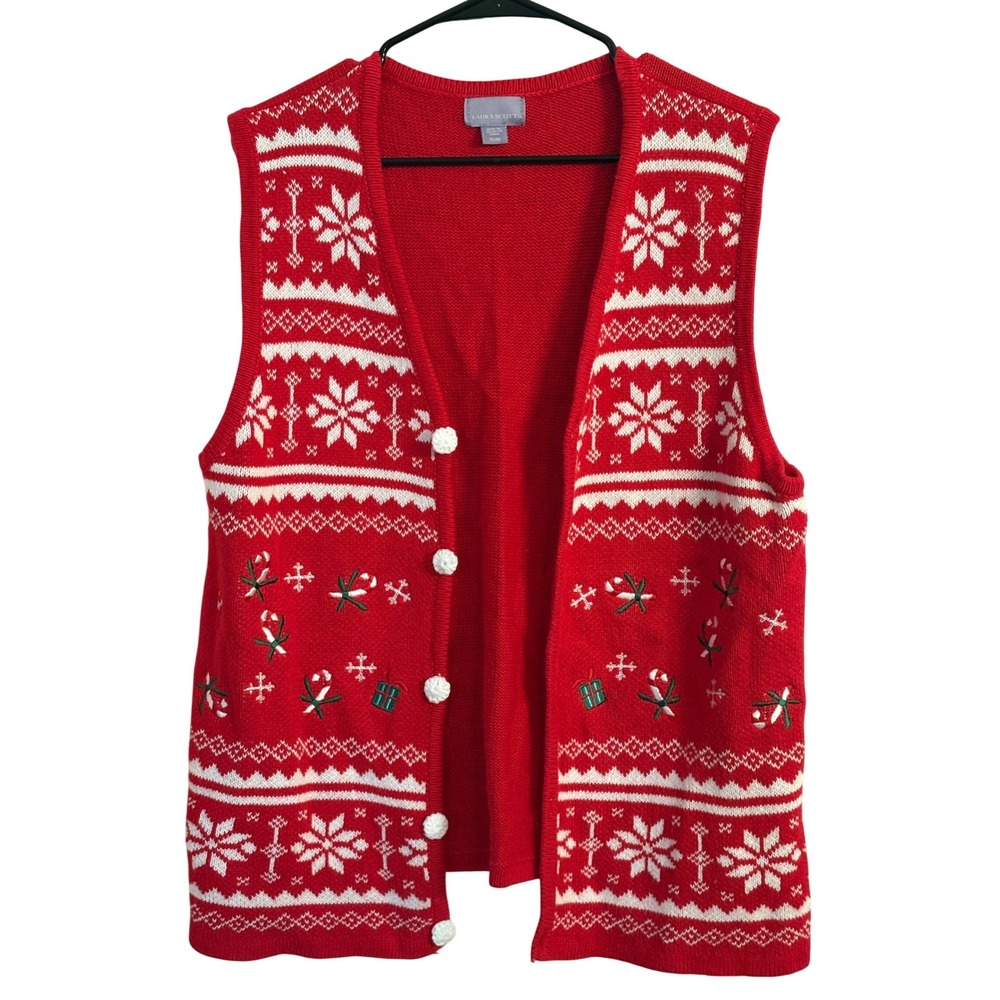 Laura Scott Red Fair Isle Christmas Sweater Vest Womens XL‎ Holiday Candy Cane - Picture 2 of 6